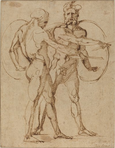 Dwa akty męskie, ok. 1520 (pióro i brązowy tusz na papierze wykładanym) autorstwa Baccio Bandinelli