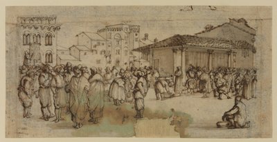 Rynek we Florencji z postaciami (kreda, pióro i atrament oraz pranie na papierze) autorstwa Baccio del Bianco