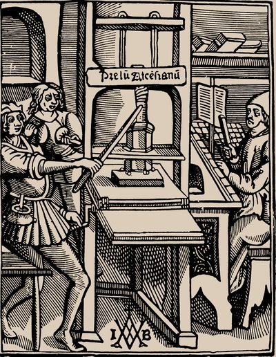 Prelum Ascensianum: urządzenie drukarskie z prasą drukarską w pracy, 1508 r. autorstwa Badius