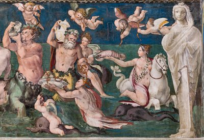 Triumf Wenus, scena morska z delfinami i amorkami autorstwa Baldassarre Peruzzi