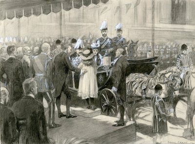 Król Edward VII i królowa Aleksandra - Stoisko Rady Hrabstwa Londynu na Trafalgar Square, 24 października 1902 r. (akwarela na papierze) autorstwa Balliol (after) Salmon