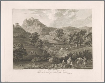 Widok na Roccagiovine Rocca Giovine (tytuł na obiekcie) Suite de VI vues des Environs de Rome (...) (tytuł serii) autorstwa Balthasar Anton Dunker