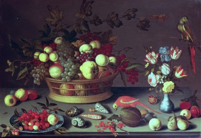 Kosz winogron i innych owoców (olej na panelu) autorstwa Balthasar van der Ast