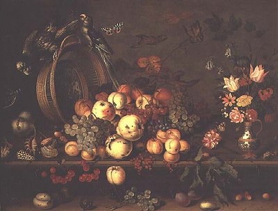 Martwa natura z owocami, kwiatami i papugami, początek lat 20. XVII wieku (panel) autorstwa Balthasar van der Ast