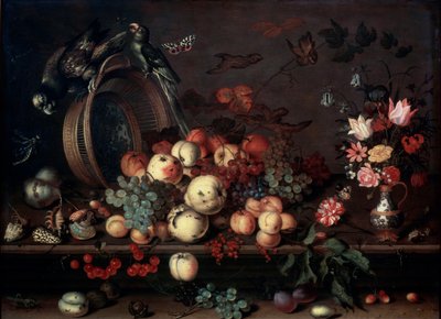 Martwa natura z owocami, kwiatami i papugami, 1620s autorstwa Balthasar van der Ast