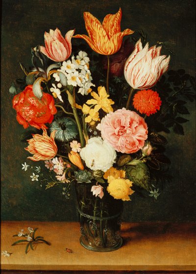 Tulipany, róże i inne kwiaty w szklanym wazonie autorstwa Balthasar van der Ast