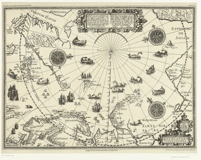 Mapa krajów wokół koła podbiegunowego z trzema podróżami Holendrów w 1598 roku autorstwa Baptista van (after) Doetechum