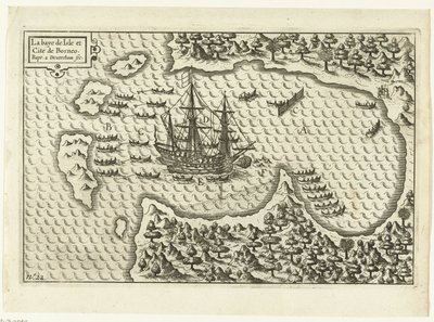 Przybycie na Borneo, 1600 La baye de Isle et Cite de Borneo (tytuł na obiekcie), RP-P-OB-75.411 autorstwa Baptista van Doetechum