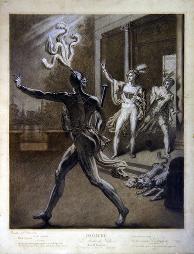 Don Juan i Commendatore, ilustracja z aktu IV scena 12 „Don Juan, czyli Le Festin de Pierre” Moliera autorstwa Barathier Barathier