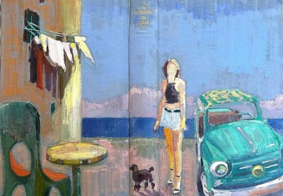 lato we włoszech, 2024, olej na antycznej lnianej okładce książki autorstwa Barbara Hoogeweegen