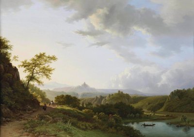 Panoramiczny letni krajobraz z podróżnikami i ruinami zamku w oddali autorstwa Barend Cornelis Koekkoek