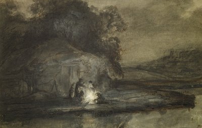 Nocny pejzaż z rzeką i pasterzami (mycie piórem i tuszem z kolorem ciała na papierze) autorstwa Barent Fabritius