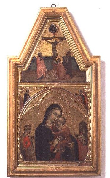 Madonna z Dzieciątkiem ze św. Janem Chrzcicielem i św. Katarzyną, powyżej scena Ukrzyżowania autorstwa Barnaba da Modena