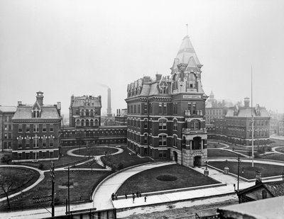 Szpital Hrabstwa Cook, ok. 1900, Chicago, Illinois, USA, ok. 1900 (zdjęcie czarno-białe) autorstwa Barnes and Crosby