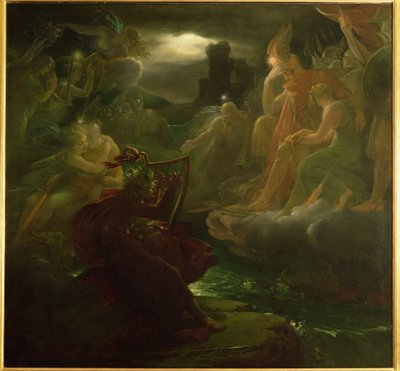 Ossian wyczarowuje duchy na brzegach rzeki Lora przy dźwiękach swojej harfy, 1801 autorstwa Baron François Pascal Simon Gérard