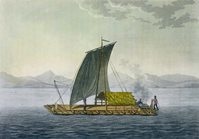 Tratwa opuszczająca port Guayaquil w Ekwadorze z „Le Costume Ancien et Moderne”, tom II, płyta 9, autorstwa Julesa Ferrario, ryty przez Paolo Fumagallego, wydana ok. 1820-30 autorstwa Baron Friedrich Alexander von Humboldt