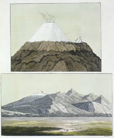Szczyt Cotopaxi (na górze) i erupcja Cotopaxi, 1803 (na dole), z „Le Costume Ancien et Moderne”, tom I, autorstwa Julesa Ferrario, opublikowany w latach 20.–30. XIX wieku autorstwa Baron Friedrich Alexander von Humboldt