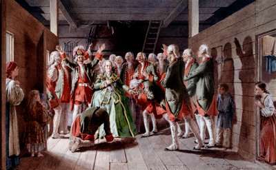 Rosyjska Imperatorka Elżbieta Iere Pietrowna (1709-1762) w dniu jej święta i jej przyszłości na tronie cesarskim, żołnierze przysięgają jej lojalność Druki Kłodta (XIX w.) 1883 Muzeum Ermitażu, Sankt Petersburg autorstwa Baron Mikhail Petrovich Klodt von Jurgensburg