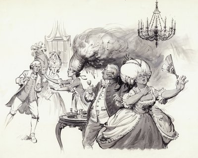 Peruki w płomieniach (gwasz na papierze) autorstwa Barrie Linklater
