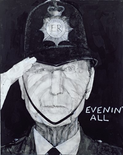 Portret Jacka Warnera jako Dixon z Dock Green, ilustracja do The Listener, lata 70. (gwasz na pokładzie) autorstwa Barry Fantoni