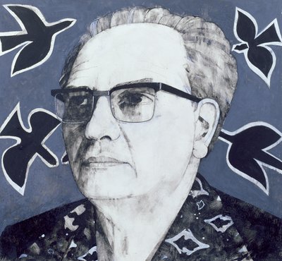 Portret Oliviera Messiaena, ilustracja do The Sunday Times, lata 70. (na pokładzie gwasz) autorstwa Barry Fantoni