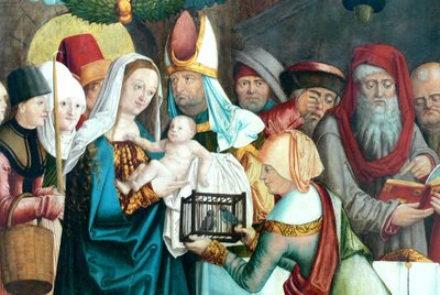 Niemiecki: Skrzydło dawnego ołtarza głównego kościoła Frauenkirche ze scenami przedstawiającymi Matkę Boską Ołtarz Welsera: Przedstawienie Matki Boskiej i Jezusa w świątyni autorstwa Barthel Beham