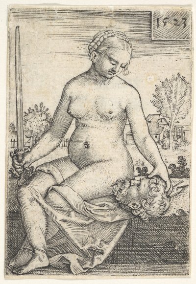 Judyta, siedząca naga z mieczem w prawej ręce, wpatrująca się w głowę Holofernesa..., 1523. autorstwa Barthel Beham