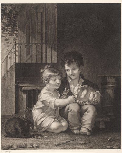 Dwoje dzieci z królikami Mange mon petit, mange autorstwa Barthélémy Joseph Fulcran Roger