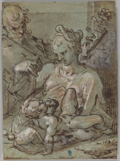 Święta Rodzina ze świętym Józefem trzymającym różę autorstwa Bartholomaeus Spranger