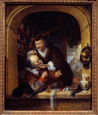 Medycyna: „”lekarz robi niewielkie krwawienie, aby leczyć bóle głowy pacjenta”” Obraz Bartholomeusa Matona (1643-1684) XVII-wieczne Słońce. 0,27x0,21 m Paryż, Musee du Petite Palais autorstwa Bartholomaus Maton