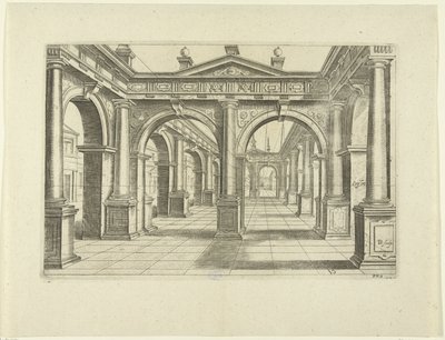 Budynek z podwójnym łukiem pośrodku w stylu doryckim Perspektywa, część 2 (tytuł serii) autorstwa Bartholomeus Willemsz. Dolendo