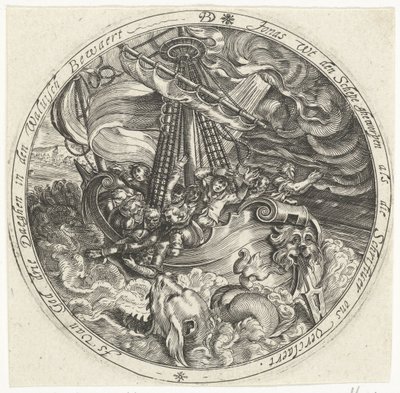 Jonasz zostaje wyrzucony za burtę przez marynarzy autorstwa Bartholomeus Willemsz. Dolendo