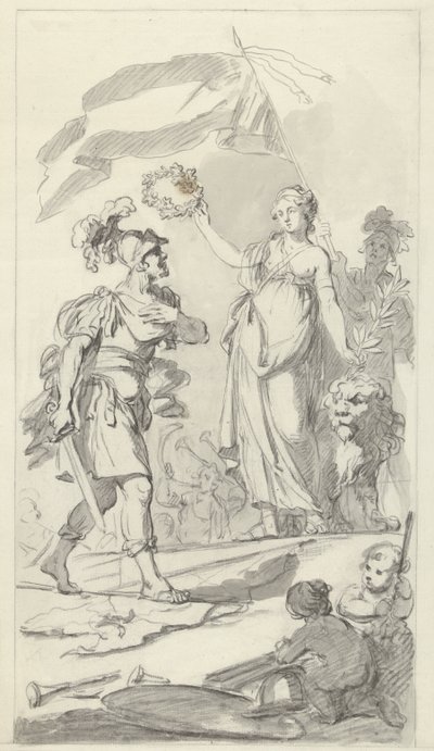 Dzielny Batawian ukoronowany przez holenderską Dziewicę, 1799 Projekty pomnika na ogólnopolskie święto pokoju 17 grudnia 1799 (tytuł serii) autorstwa Bartholomeus Ziesenis