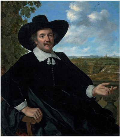 Portret Gabriela Marselisa, 3/4 długości, w pozycji siedzącej, przed balustradą, pejzaż z wiejskim domem i odległym widokiem na Haarlem. autorstwa Bartholomeus van der Helst