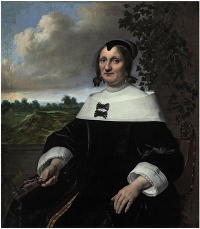 Portret damy, prawdopodobnie Hester du Pire, siedzącej przed balustradą, trzymającej wachlarz, z widokiem na morze. autorstwa Bartholomeus van der Helst