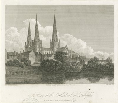 Katedra w Lichfield - widok na południowy zachód: rycina, 1796 autorstwa Bartholomew Howlett