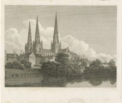 Katedra w Lichfield - widok na południowy zachód: grawerowanie, nd [?1796] autorstwa Bartholomew Howlett