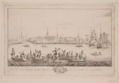Perspektywa Slotsholmen widziana z jeziora autorstwa Bartholomæus Roque
