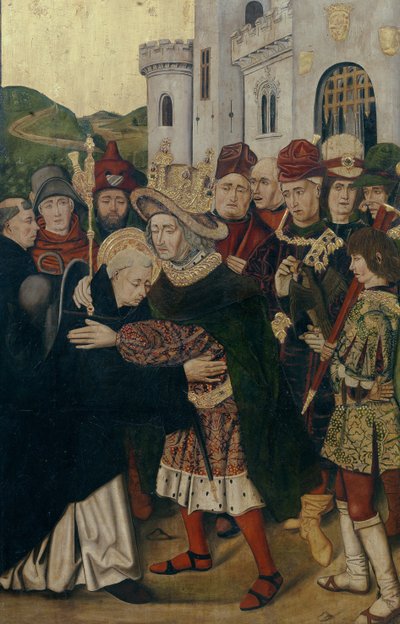Król Ferdynand I z Kastylii powitał św. Dominika z Silosu, 1478-1480 autorstwa Bartolomé Bermejo