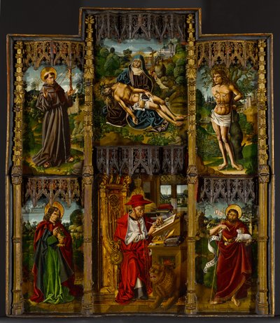 Ołtarz przenośny: Pieta, św. Franciszek, Sebastian, Jan Ewangelista, Hieronim i Jan Chrzciciel, ok. 1500 autorstwa Bartolomé Bermejo