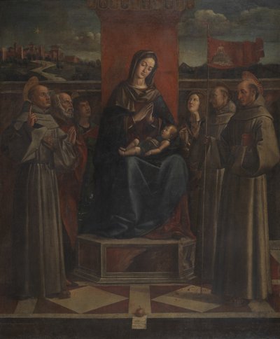 Dziewica z Dzieciątkiem na tronie z sześcioma świętymi, ok. 1500 (olej na płótnie) autorstwa Bartolomeo (attr. to) Montagna