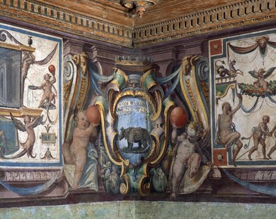 Sala del Granduca di Toscana Sala Wielkiego Księcia Toskanii detal fryzu przedstawiający znaki zodiaku, nosorożca, fresk 1564-75 autorstwa Bartolomeo Ammannati