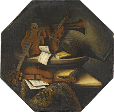 Martwa natura z lutnią, wiolonczelą, skrzypcami i nutami na kamiennej półce obok dywanu. autorstwa Bartolomeo Bettera