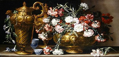 Martwa natura z różami w etui i dzbankiem florenckim na półce (olej na płótnie) autorstwa Bartolomeo Bimbi