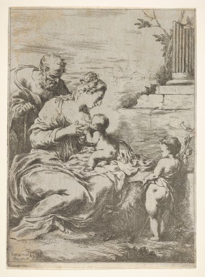 Święta Rodzina z niemowlęciem św. Janem Chrzcicielem po prawej, 1650-57. autorstwa Bartolomeo Biscaino