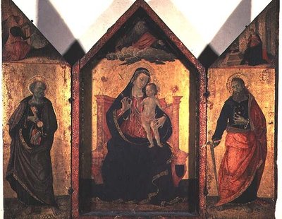 Madonna z Dzieciątkiem ze św. Janem Chrzcicielem i Piotrem Apostołem (tempera i płatek złota na desce) autorstwa Bartolomeo Caporali