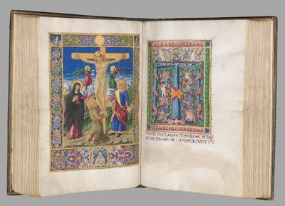 Mszał: Fl. 185v: Ukrzyżowanie z obramowaniem cała strona, 1469. autorstwa Bartolomeo Caporali