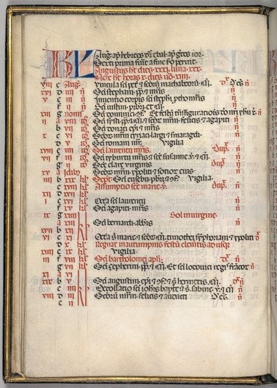 Mszał: Fl. 6v: Strona kalendarza sierpnia, 1469. autorstwa Bartolomeo Caporali