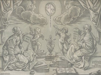 Alegoria tezy, dwie kobiety trzymają tablice inskrypcyjne, 1640. autorstwa Bartolomeo Coriolano