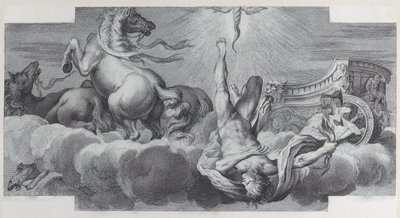 Ilustracja 34: Woźnica Auriga spada z rydwanu pośrodku, z trzema końmi w l..., 1756. Twórcy: Bartolomeo Crivellari, Gabriel Söderling. autorstwa Bartolomeo Crivellari, Gabriel Söderling